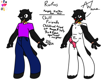 anthro balls beak black_body black_fur blush clothed clothing erection fully_clothed fur genitals male nude penis scar simple_background solo text white_background white_body white_fur awesome_writes rufus_(awesome_writes) avian bird penguin english_text model_sheet
