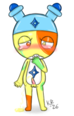 anthro balls blush bodily_fluids covering covering_mouth crying embarrassed erection genital_fluids genitals male peeing peeing_on_ground peeing_while_erect penis small_penis solo standing tears urine urine_on_ground urine_pool watersports young kawaii_bimbo_(artist) sgt._frog putata alien alien_humanoid amphibian humanoid