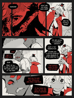 2_horns 3_eyes anthro dialogue horn male male_anthro multi_eye red_eyes sharp_teeth speech_bubble teeth text aveloka cult_of_the_lamb massive_monster_(studio) lamb_(cult_of_the_lamb) narinder bovid caprine domestic_cat felid feline felis mammal sheep 2025 comic digital_drawing_(artwork) digital_media_(artwork) english_text hi_res