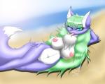 2016 anthro areola beach big_breasts blue_body blue_fur blush breasts canid canine eyelashes female fox fur hair heart_eyes heart_symbol hi_res kemono looking_at_viewer lying mammal milkteafox multicolored_body multicolored_fur navel nipples nude on_side one_eye_closed open_mouth seaside solo text tongue tuft white_body white_fur