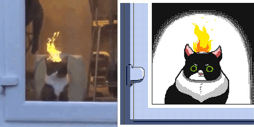 ambiguous_gender black_body black_fur burning comparison feral fire fur inside looking_at_viewer looking_up multicolored_body multicolored_fur pink_nose solo white_body white_fur keke_(artist) domestic_cat felid feline felis mammal animated frame_by_frame photography_(artwork) reference_image