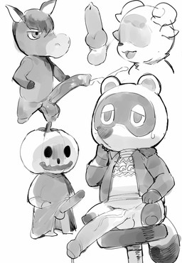 anthro balls big_penis bodily_fluids chibi clothing erection genitals group humanoid_genitalia humanoid_penis kemono male penis penis_size_difference shirt sitting sweat topwear masshiro animal_crossing nintendo jack_(animal_crossing) roscoe_(animal_crossing) tom_nook_(animal_crossing) canid canine equid equine horse mammal raccoon_dog tanuki 2020 digital_drawing_(artwork) digital_media_(artwork) hi_res monochrome
