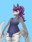 anthro asian_clothing bulge clothed clothing east_asian_clothing femboy hair japanese_clothing japanese_swimsuit looking_at_viewer magenta_hair male one-piece_swimsuit pink_eyes purple_hair simple_background smile solo stripes swimwear tail scorchingnova vinyl_bakon fish marine requiem_shark shark tiger_shark 3:4 absurd_res digital_media_(artwork) hi_res