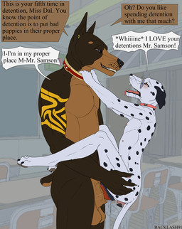 age_difference anthro classroom claws collar duo eyewear female glasses knot knotting male male/female open_mouth pawpads penetration school side_view size_difference smile standing student teacher teacher_and_student tongue tongue_out vaginal vaginal_knotting vaginal_penetration young backlash91 conditional_dnp canid canine canis dalmatian dobermann domestic_dog mammal pinscher 2025 absurd_res hi_res