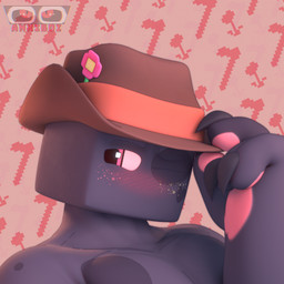 4_fingers blush claws clothing fingers flower_on_hat freckled_face freckles hat headgear headwear heart_(marking) heterochromia looking_aside male markings mottled muscular pattern_background pawpads simple_background solo tipping_hat anxiboi microsoft minecraft mojang xbox_game_studios louie_(yamwamm) enderman humanoid 1:1 3d_(artwork) absurd_res blender_(artwork) blender_eevee_(artwork) digital_media_(artwork) hi_res portrait watermark