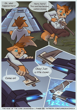 5_panel_comic anthro barefoot biped blue_eyes bottomwear brown_hair card claws clothed clothing coat dialogue electricity feet fur grass hair male one_eye_closed orange_body orange_fur page_number pants paws plant short_circuit sitting sitting_on_ground solo speech_bubble stick tail text title toes topwear vines white_clothing white_coat white_topwear darkdraconica patreon dave_(darkdraconica) canid canine fox mammal 2023 absurd_res artist_name colored comic digital_drawing_(artwork) digital_media_(artwork) english_text hi_res multiple_scenes url