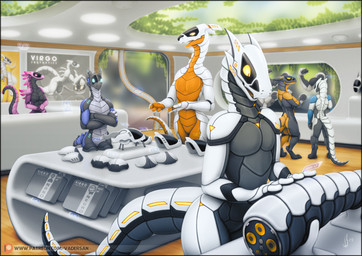 anthro breasts casual_nudity detailed_background female group group_nudity machine male non-mammal_breasts nude public public_nudity smile social_nudity standing store tail text vader-san cobol perl android helper_drone_(vader-san) robot synth_(vader-san) 2019 digital_media_(artwork) translated