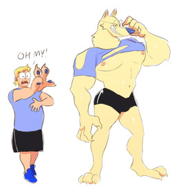 abs anthro athletic_wear before_and_after belly biceps big_arms big_muscles big_pecs black_bottomwear black_clothing black_shorts blonde_hair blue_clothing blue_footwear blue_nose blue_shoes bottomwear briefs bulge canine_teeth claws clothed clothing confident dialogue duo fangs flexing footwear fur grin growth gym_bottomwear gym_shorts hair hand_transformation huge_muscles human_to_anthro hyper hyper_muscles male male_focus mid_transformation muscle_growth muscular muscular_anthro muscular_male nipples open_mouth overweight partial_transformation paws pecs purple_clothing purple_shirt purple_tank_top purple_topwear sharp_teeth shirt shocked shoes shorts simple_background size_transformation sketchy smile smirk smug sneakers solo species_transformation surprised tank_top teeth text toony topless topwear torn_clothing transformation transformation_sequence underwear white_background wide_eyed yellow_body yellow_fur chunkowitz mythology animal_humanoid canid canid_humanoid canine canine_humanoid canis human humanoid hybrid mammal mammal_humanoid mythological_canine mythological_creature werecanid werecanine werecreature werewolf wolf colored_sketch digital_media_(artwork) english_text flat_colors sequence sketch