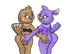 anthro beak big_butt blue_eyes bottomless brown_body brown_eyes brown_feathers butt butt_grab clothed clothing dipstick_tail duo eye_contact feathers female female/female grope hand_on_butt looking_at_another markings multicolored_tail neck_tuft purple_body purple_feathers rear_view simple_background smile tail tail_markings tuft white_background boman100 joaoppereiraus super_planet_dolan cass_(boman100) fan_character melissa_morgan avian bird 4:3 digital_media_(artwork) hi_res