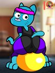 anthro ball blue_body blue_fur bottomwear camel_toe clothing exercise_ball female fur looking_back mature_anthro mature_female pants sitting sitting_on_ball solo sweatband yoga_pants moon_pearl succubi_samus cartoon_network the_amazing_world_of_gumball nicole_watterson domestic_cat felid feline felis mammal absurd_res hi_res