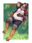 aloha_shirt anthro bottomwear clothed clothing lying male nature on_back outside pattern_clothing pattern_shirt pattern_topwear plant shirt shorts simple_background sleeping slightly_chubby smile solo topwear masahikoko weaver_(bindog) capybara caviid mammal rodent 3:4 digital_media_(artwork)