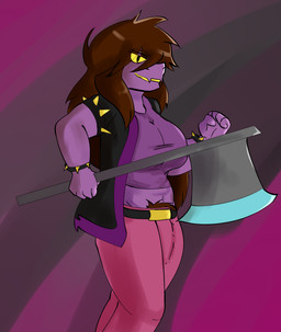 anthro axe belt big_breasts bottomwear breasts brown_hair bulge clothed clothing crossgender detailed_bulge ftg_crossgender fti_crossgender fully_clothed genital_outline gynomorph hair intersex jacket long_hair melee_weapon midriff non-mammal_breasts pants penis_outline pubes shirt solo topwear vest weapon mildred_(artist) deltarune mythology undertale_(series) susie_(deltarune) dragon mythological_creature mythological_scalie reptile scalie absurd_res hi_res