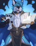 anthro blue_body blue_fur book fur hair looking_at_viewer magic_user male solo white_body white_fur yellow_eyes sinsquared canid canine canis mammal wolf 2023 hi_res