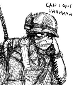 anthro armor backpack dialogue electronics headgear helmet male military phone solo text hladilnik donk_(hladilnik) asinus donkey equid equine mammal black_and_white english_text hi_res monochrome