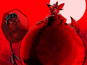 anthro belly big_belly breasts clothing duo extreme_size_difference female female_anthro fur grin hair hat headgear headwear huge_belly hyper hyper_belly inflation larger_female macro male size_difference smaller_male smile smug tail teeth impactzack jabroni_mike the_rodfellows_movie mike_(jabroni_mike) human kangaroo macropod mammal marsupial 2026 digital_media_(artwork) red_theme restricted_palette