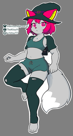 anthro barefoot belly bottomwear bra clothing feet female floating fur grey_body grey_fur hair hat headgear headwear hotpants jewelry legwear navel necklace pink_eyes pink_hair pink_nose shorts solo thigh_highs torn_clothing torn_thigh_highs underwear witch_hat thekitsuyt gure_(thekitsuyt) canid canine fox mammal cel_shading hi_res shaded