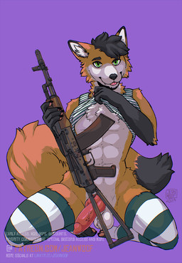 animal_genitalia animal_penis anthro barrel canine_genitalia canine_penis clothing genitals gun knot legwear male penis ranged_weapon rifle rifle_sling solo stockings underwear weapon jeanwoof kalashnikov canid canine fox mammal hi_res