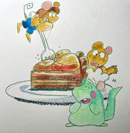 anthro biped brown_body brown_hair cake chef_hat chibi clothing dessert dot_eyes food green_body group hair hat headgear headwear micro open_mouth simple_eyes hikari_gamba gamba_no_bouken gamba_no_bouken_(series) bobo_(gamba_no_bouken) ganba ikasama mammal mouse murid murine rodent 2025 hi_res