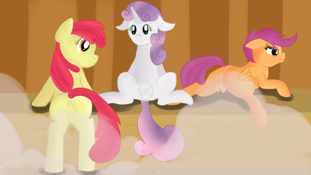 amber_eyes anus bath butt feathered_wings feathers female feral genitals green_eyes group hair horn inside looking_back multicolored_hair orange_body orange_feathers purple_eyes purple_hair rear_view red_hair sauna smile spread_legs spreading teats vulva wings young jbond friendship_is_magic hasbro my_little_pony mythology apple_bloom_(mlp) cutie_mark_crusaders_(mlp) scootaloo_(mlp) sweetie_belle_(mlp) earth_pony equid equine horse mammal mythological_creature mythological_equine pegasus pony unicorn 16:9 widescreen