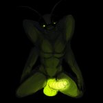 1:1 4_arms abs anthro arthropod balls beetle bioluminescence black_background elateroid firefly genitals glowing glowing_balls glowing_genitalia glowing_penis hands_behind_head hi_res hladilnik insect male multi_arm multi_limb penis simple_background solo