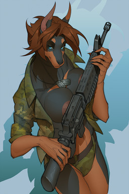 anthro areola big_breasts biped black_body black_fur breasts brown_body brown_fur brown_hair camo camo_print claws clothed clothed_anthro clothed_female clothing countershade_torso countershading dog_tags female fingers front_view fur gun hair looking_at_viewer multicolored_body multicolored_fur ranged_weapon rifle smile solo standing two_tone_body two_tone_fur weapon okithau domina_vargas canid canine canis dobermann domestic_dog mammal pinscher 2026 2:3 digital_drawing_(artwork) digital_media_(artwork) hi_res