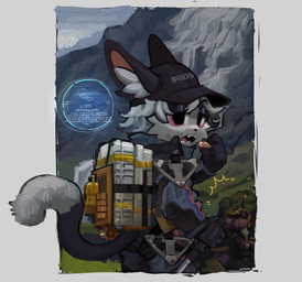 4_fingers anthro backpack black_body black_eyes black_fur black_nose bodily_fluids clothed clothing container cute_fangs detailed_background dipstick_tail fangs fingers fur gloves hair handwear hat headgear headwear inner_ear_fluff male markings multicolored_body multicolored_fur open_mouth outside solo standing sweat tail tail_markings teeth text text_on_clothing text_on_hat text_on_headwear tuft wearing_hat white_body white_fur white_hair white_inner_ear_fluff white_text co2killsu death_stranding domestic_cat felid feline felis mammal 2025 absurd_res artist_name english_text hi_res