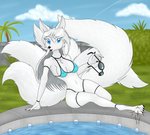 anthro bikini blue_eyes breasts clothed clothing eyewear female fur hair multi_tail navel outside solo sunglasses swimming_pool swimwear tail two-piece_swimsuit white_body white_fur white_hair kasgorad krinele_fullin canid canine dreamspinner fox mammal 2019