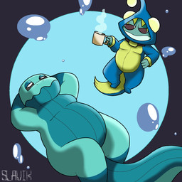 anthro belly beverage blue_body clothing coffee coffee_mug duo green_body male pajamas relaxed_expression relaxing size_difference slightly_chubby underwater water slavik. fan_character jeremy_(plushtrapboyuwu) jerry_(plushtrapboyuwu) aquatic cetacean fish mammal whale 1:1 hi_res