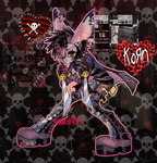 2000s_theme 2023 abstract_background alternative_fashion ambiguous_gender anthro biped black_hair boots clothed clothing collage_(technique) ear_piercing footwear fur glamfur goth grey_body grey_fur hair hi_res holding_object holding_weapon korn lagomorph leporid maimedwolf mall_goth mammal mixed_media myspace piercing rabbit red_eyes scar shaded slipknot smile solo standing wallet_chain weapon