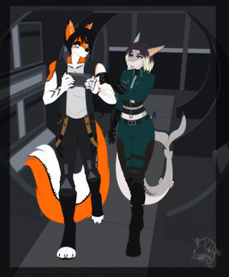 4_toes 5_fingers anthro black_hair black_nose boots bottomwear breasts clothed clothed_anthro clothed_female clothed_male clothing cybernetics duo feet female fingers footwear fur grey_body grey_skin hair hindpaw humanoid_hands machine male navel navel_tattoo orange_body orange_fur pants paws shoes toes tongue topwear vest walking white_body white_fur ariveil kamikaze_otium laguna_silverjaw aquatic canid canine canis cyborg fish fox hybrid mammal shark wolf hi_res