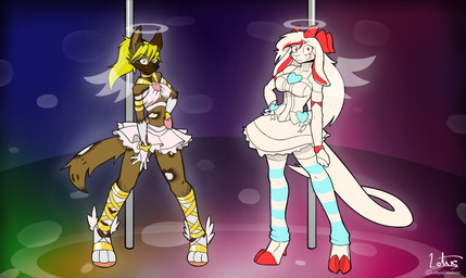 alternative_fashion angels anthro duo female ganguro_(fashion) gyaru hair j-fashion long_hair long_tail pole tail spiritelin panty_and_stocking_with_garterbelt lotus_(lotusgoatess) nikiara_delacroix african_wild_dog bovid canid canine caprine deer goat mammal absurd_res hi_res