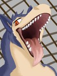 blue_body blue_fur fangs feral fur jaw male mouth_shot open_mouth open_smile red_eyes simple_background smile solo teeth tongue tongue_out yellow_body yellow_fur thygus7819 nintendo pokemon generation_2_pokemon humanoid pokemon_(species) typhlosion 3:4 absurd_res digital_media_(artwork) hi_res