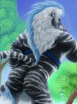 2016 3:4 anthro armlet balls black_body black_fur black_tail blue_eyes blue_mane blue_sky butt cigar detailed detailed_background detailed_fur diaszoom digital_media_(artwork) dutch_angle felid fur genitals harness hybrid liger lion looking_at_viewer looking_back low-angle_view male mammal mane markings melanistic mostly_nude multicolored_body multicolored_fur multicolored_mane multicolored_tail outside pantherine pink_nose pinup plant portrait pose rear_view sky smile smoke smoking snapcat solo standing striped_body striped_fur striped_markings striped_tail stripes tail tail_markings three-quarter_portrait tiger tree two_tone_body two_tone_fur two_tone_mane two_tone_tail watermark whiskers white_balls white_body white_fur white_mane white_stripes white_tail