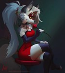 anthro bottomwear breasts clothed clothing collar ear_piercing ear_ring eyebrow_piercing facial_piercing female fluffy fluffy_tail fur grey_hair hair looking_at_viewer piercing red_sclera ring_piercing shorts solo spiked_collar spikes spread_legs spreading tail topwear under_boob white_body white_fur markuserdtart helluva_boss mythology loona_(helluva_boss) canid canid_demon canine demon hellhound mammal mythological_canine mythological_creature