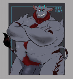 alternate_species anthro bald balls beard big_balls big_penis body_hair crossed_arms facial_hair genitals grey_body grin happy_trail horn male muscular muscular_anthro muscular_male navel nude nude_anthro nude_male overweight overweight_anthro overweight_male penis smile solo tattoo thick_penis sinfulspikes spikes_(sinfulspikes) demon mammal rhinoceros 2022 hi_res