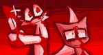 ambiguous_gender anthro blood bodily_fluids duo holding_knife holding_object knife red_eyes smile conditional_dnp labbit_(artist) domestic_cat felid feline felis mammal hi_res red_theme