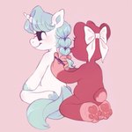 anthro bow_on_head duo female horn kneeling looking_back simple_background smile vivi_ness mob_entertainment mythology poppy_playtime smiling_critters bobby_bearhug craftycorn bear equid equine mammal mythological_creature mythological_equine unicorn 1:1 hi_res