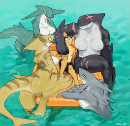 anthro athletic black_body black_skin breasts butt countershading elbow_fin eyewear featureless_breasts featureless_crotch female fin gills green_body green_skin grey_body grey_skin grin group head_fin larger_anthro larger_female male male/female muscular muscular_anthro muscular_female nude partially_submerged pool_toy scar scared sharp_teeth size_difference smaller_anthro smaller_male smile sunglasses teeth toned_female toned_muscles water yellow_body yellow_skin bebebebebe aquatic bird_dog canid canine canis domestic_dog fish golden_retriever hunting_dog mammal retriever shark 2021 hi_res