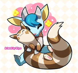 ambiguous_gender anthro chibi daww duo eyes_closed feral happy hug pawpads paws pink_pawpads blitzdrachin conditional_dnp animal_crossing nintendo pokemon sherb_(animal_crossing) bovid caprine furret generation_2_pokemon goat mammal mustelid pokemon_(species)