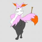 alternate_color anthro areola big_breasts big_butt big_hands biped breasts butt curvy_figure cute_fangs digitigrade eyelashes female fur hand_on_hip huge_breasts huge_butt huge_thighs hyper hyper_butt inner_ear_fluff looking_at_viewer nipples pink_body pink_fur rear_view short_stack simple_background slightly_chubby smile solo standing stick thick_thighs tuft voluptuous wide_hips yellow_eyes stamin-up nintendo pokemon kyra_(stamin-up) braixen canid canine generation_6_pokemon mammal pokemon_(species) 1:1 hi_res