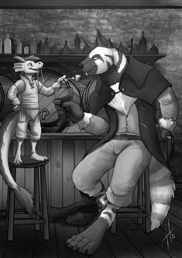 anthro bar belt beverage bottle bottomwear claws clothed clothing container duo ear_frill facial_markings fangs frill_(anatomy) glistening glistening_eyes head_markings holding_beverage holding_fork holding_object horn inside male male_anthro markings open_mouth pants red_eyes shorts sitting size_difference standing striped_face striped_legs striped_markings striped_neck striped_tail stripes tail tail_markings tail_tuft teeth toe_claws topwear tuft hufnaar mythology dragon mythological_creature mythological_scalie scalie species_request absurd_res hi_res spot_color