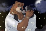 anthro black_nose brown_body brown_fur clothing cloud duo fur green_eyes hug humanoid_hands male moon night outside plant shirt topwear tree gabu4play password_(visual_novel) dave_(password) dean_(password) bear brown_bear hyena mammal striped_hyena ursine 2023 absurd_res hi_res