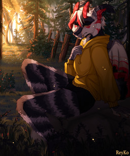 4_toes 5_fingers anthro bent_arm bent_legs clothed clothing clothing_cord detailed_ambient_creature detailed_background drawstring drawstring_topwear duo extended_arm feet female fingers flower fur grass half-closed_eyes hoodie horn leg_over_edge looking_at_viewer male narrowed_eyes nature nature_background on_rock over_edge plant planted_legs raised_hand raised_tail red_body red_fur rock sad sitting sitting_on_rock solo_focus sun tail tassels teeth toes topwear tree tucked_arm white_body white_fur reykoli ambient_bird avian bird canid canine canis mammal wolf hi_res