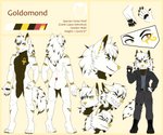 anthro butt clothed clothing fur male markings open_mouth simple_background smile solo text topwear white_body white_fur tigerinspace goldomond canid canine canis mammal wolf 6:5 absurd_res digital_media_(artwork) english_text hi_res model_sheet watermark