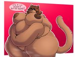 abstract_background anthro belly big_belly blue_eyes bodily_fluids border breasts brown_body brown_fur brown_hair brown_nipples brown_nose deep_navel dialogue fangs female fingers fluffy fupa fur genitals hair holding_belly lifting_belly looking_at_viewer musk musk_clouds navel nipples nude obese obese_anthro obese_female open_mouth outline overweight overweight_anthro overweight_female presenting presenting_pussy pussy red_background red_tongue short_hair simple_background smile solo speech_bubble sweat sweaty_genitalia tail talking_to_viewer teeth text thick_thighs tongue white_border white_outline wide_hips sv3n claire_(unawarey) domestic_cat felid feline felis mammal 4:3 english_text hi_res