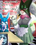 ambiguous_gender anthro blue_body blue_eyes blush bodily_fluids breasts brown_body brown_fur clothed clothing detailed_background electronics female fur green_body green_fur hair male open_mouth phone restaurant smile tail teeth text tongue fu_kawa_(artist) nintendo pokemon canid canine eevee eeveelution felid feline generation_1_pokemon generation_4_pokemon generation_9_pokemon glaceon human mammal meowscarada pokemon_(species) absurd_res digital_media_(artwork) hi_res