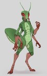 2_toes 3_fingers 4_arms ambiguous_gender antennae_(anatomy) anthro digitigrade feet fingers green_body grey_background humanoid_hands multi_arm multi_limb nude red_eyes simple_background solo toes bluekiwi101 arthropod insect mantis 2020 digital_media_(artwork) hi_res