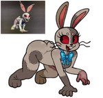 5_fingers all_fours anthro arched_back ass_up blue_bow bodily_fluids bow_tie breasts bubble_butt buckteeth butt eyelashes feet female fingers grey_body hindpaw looking_back multicolored_body paws rabbit_ears red_eyes scut_tail seam_(sewing) short_tail simple_background solo stitch_(sewing) sweat sweatdrop tail teeth two_tone_body whiskers white_background white_body nanocorpx five_nights_at_freddy's five_nights_at_freddy's:_security_breach scottgames steel_wool_studios vanny_(fnaf) lagomorph leporid mammal patchwork_creature rabbit 2025 digital_media_(artwork) hi_res reference_image