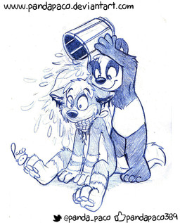anthro arm_tuft bucket cheek_tuft closed_smile container duo elbow_tuft facial_tuft featureless_crotch fur hair holding_bucket holding_container holding_object kerchief logo male mouth_closed neckerchief neckwear nude short_hair sitting smile standing text tuft wet wet_body wet_fur wide_eyed young young_anthro young_male pandapaco cosmicwuffy parinton bear canid canine giant_panda mammal artist_logo signature url
