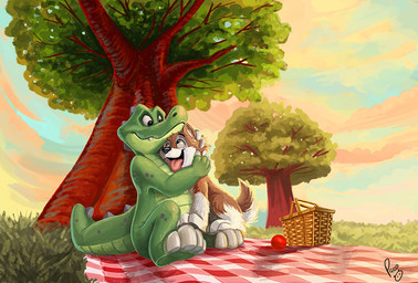 ambiguous_feral ambiguous_gender anthro basket brown_body brown_fur closed_smile cloud container duo fangs feral fur grass green_body happy head_spikes hug logo male male_anthro mouth_closed nude open_mouth open_smile picnic plant sitting smile spiked_tail spikes spikes_(anatomy) tail teeth tree white_body white_fur pandapaco canid canine canis crocodile crocodilian domestic_dog mammal reptile scalie artist_logo signature